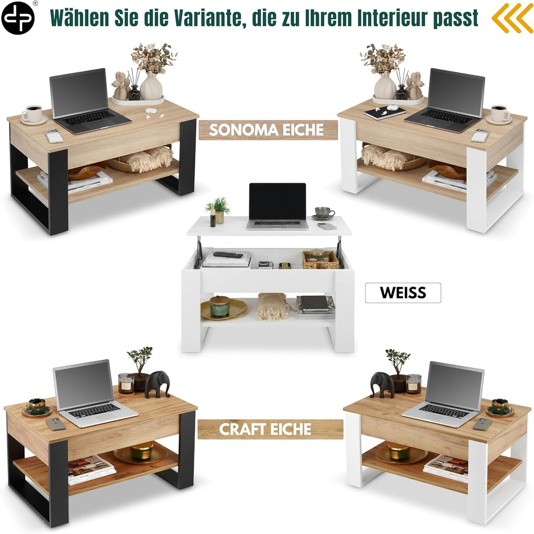 defiPad Couchtisch Weiss Höhenverstellbar mit Stauraum, Wohnzimmertisch mit hochziehbarer Tischplatt