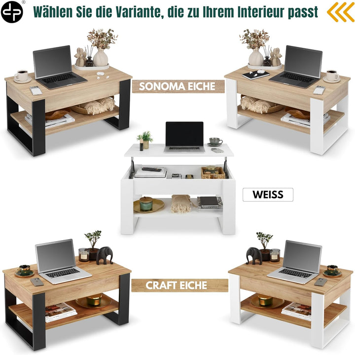 defiPad Couchtisch Weiss Höhenverstellbar mit Stauraum, Wohnzimmertisch mit hochziehbarer Tischplatt