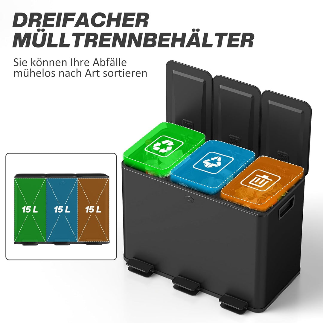 HOMCOM Mülleimer Küche 3 x 15 L Treteimer mit Softclose-Deckel und Pedal Mülltrennsystem 3 Fächer in
