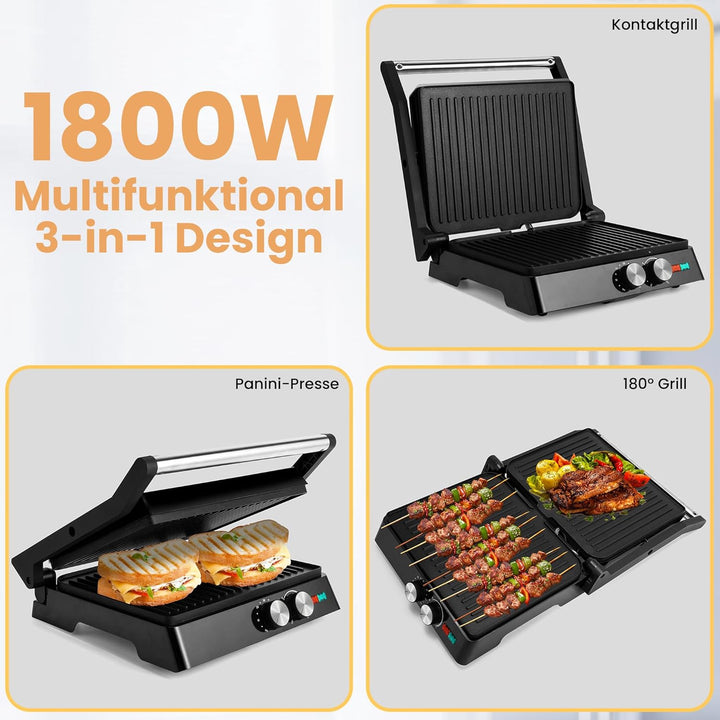 Pukomc Kontaktgrill, 1800W Contact Grill Plattengriller mit Antihaftbeschichtung, 60 Minuten Timer,