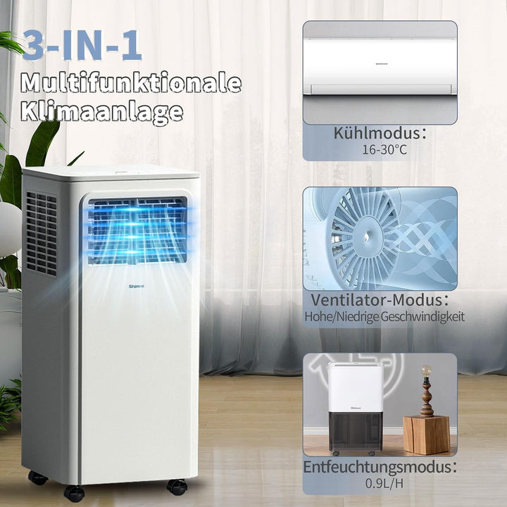 Shinco Mobiles Klimagerät,9000 BTU, 2,6kW, 3-in-1 Klimaanlage, Kühlen&amp;Ventilieren&amp;Entfeuchten, Mobil