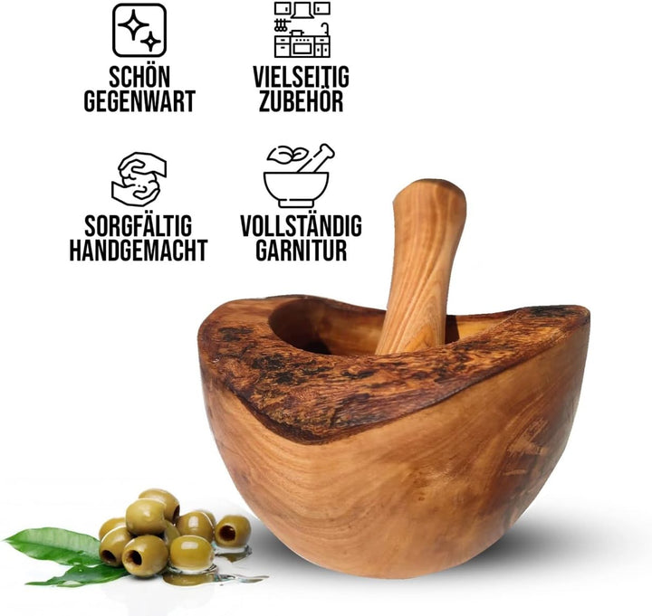 Mörser mit Stössel aus Olivenholz, Kräutermörser, handgefertigt mit Naturrand, Küchenmörser Holzmörs