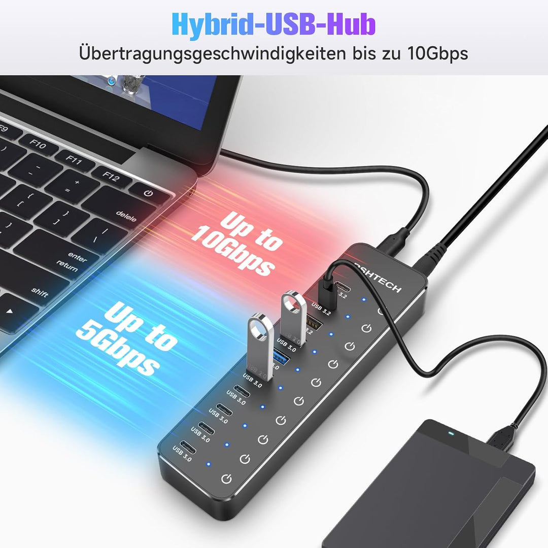 RSHTECH 10 Port USB C Hub mit Netzteil - Mit 3 USB 3.2 (2 Type C und 1 Type A) und 7 USB 3.0(4 Type-