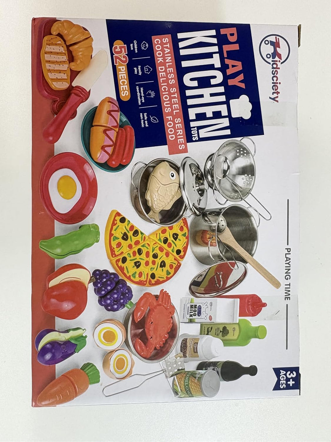 Pretend Play Kitchen Accessories, 52pc Kids Kitchen Playset with Play Food, Stainless Steel Cookware