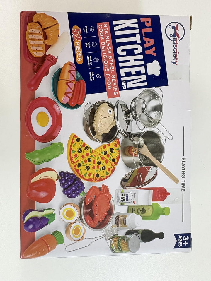 Pretend Play Kitchen Accessories, 52pc Kids Kitchen Playset with Play Food, Stainless Steel Cookware