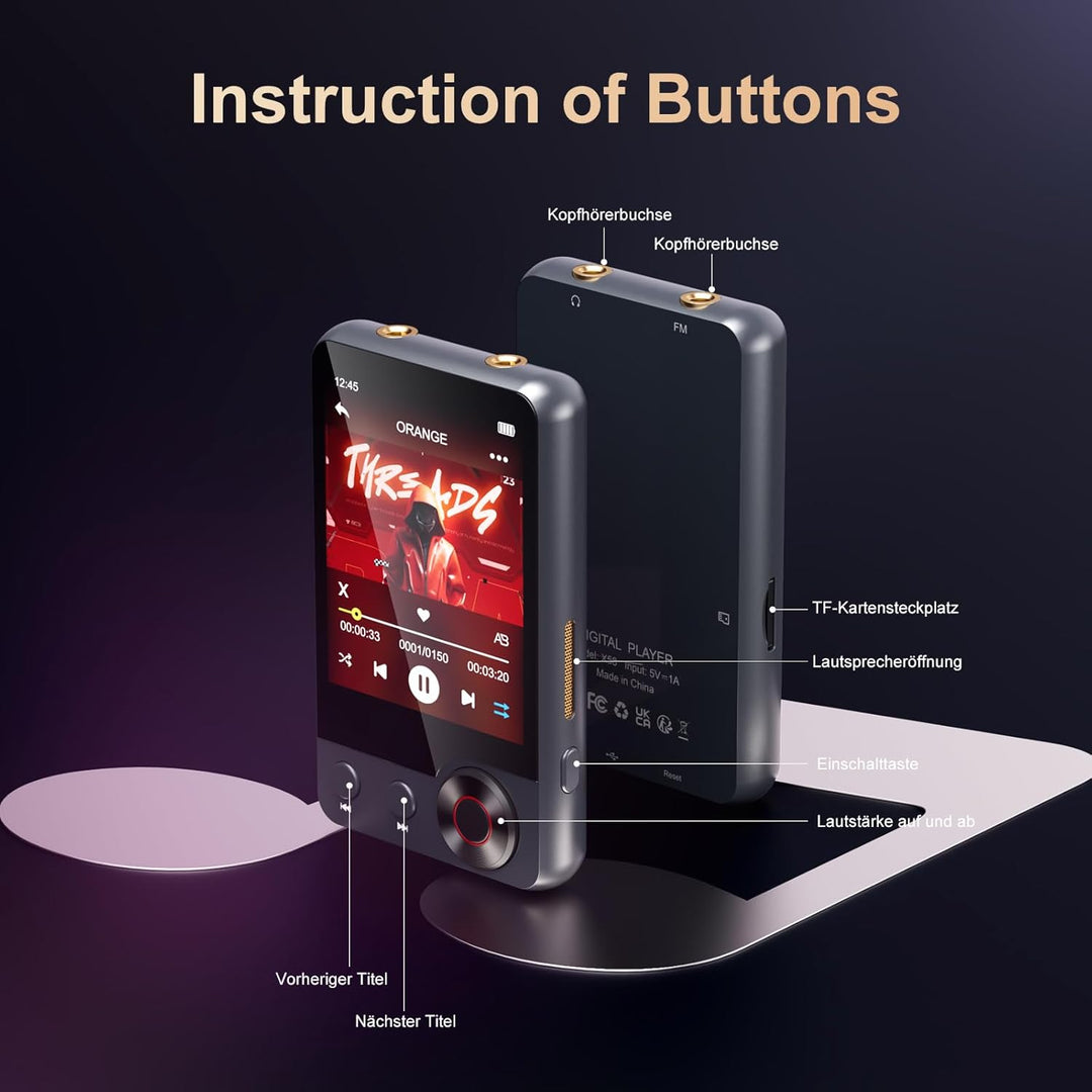 128GB MP3-Player mit Bluetooth 5.3, 2,4 Zoll tragbarer Voll-Touchscreen-Musikplayer mit Lautsprecher
