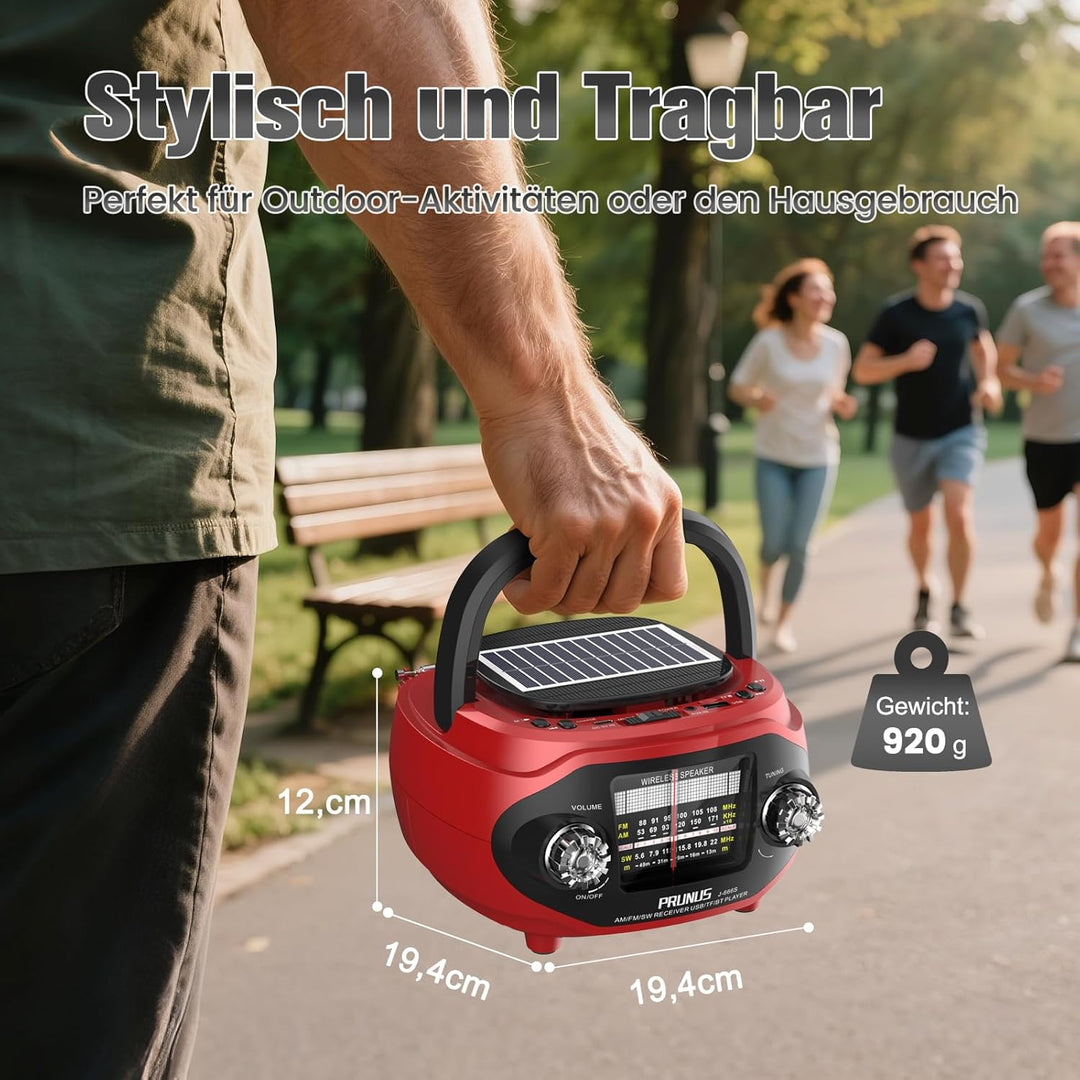 PRUNUS J-666 FM/AM/SW Retro Radio mit Bluetooth, Tragbares Radio mit 1800mAh Akku, Solar/USB-C Aufla