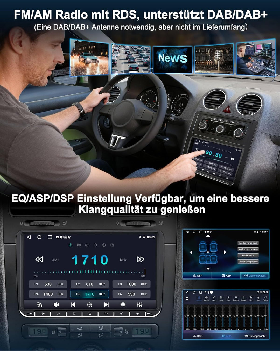 VW Autoradio mit Bildschirm für Golf 5 6 Polo T5 Passat Touran Seat Skoda, 2Din Bluetooth Auto Radio