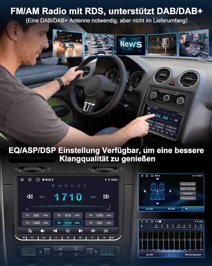 VW Autoradio mit Bildschirm für Golf 5 6 Polo T5 Passat Touran Seat Skoda, 2Din Bluetooth Auto Radio