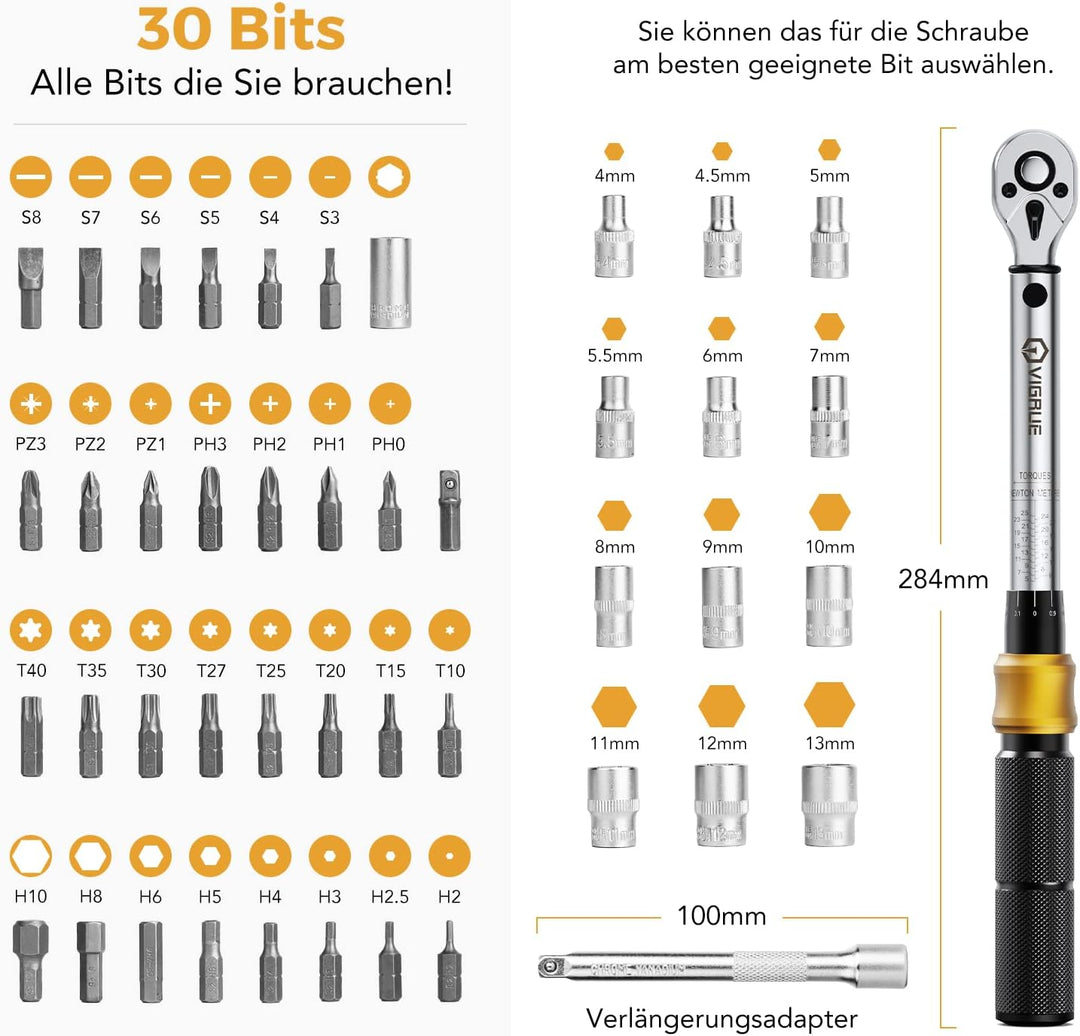 Drehmomentschlüssel Fahrrad,VIGRUE 1/4 Zoll Drehmomentschlüssel 5-25 Nm ±4% Fehlergenauigkeit mit Ve