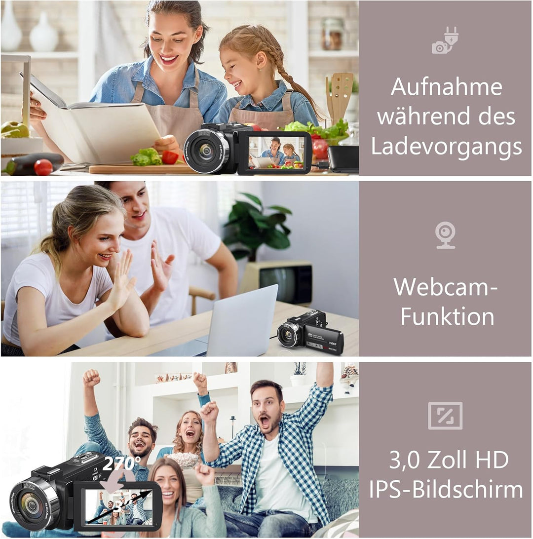 Videokamera 4K Camcorder HD 80MP IR-Nachtsicht Vlogging Kamera für YouTube, Webcam Camera mit 18-Fac