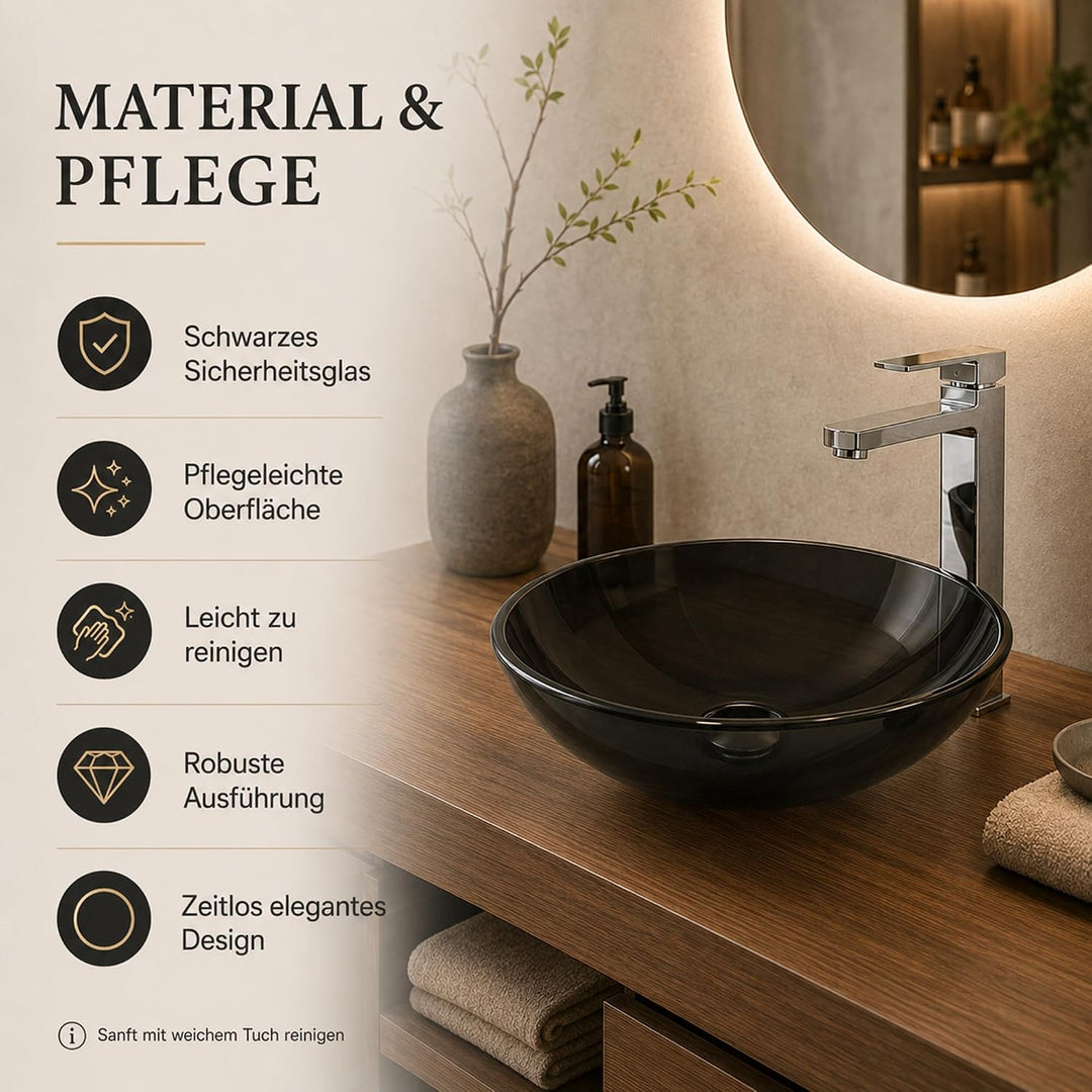 Art-of-Baan Premium Waschbecken rund - edles Aufsatzwaschbecken - schwarz Glas Becken für Waschtisch