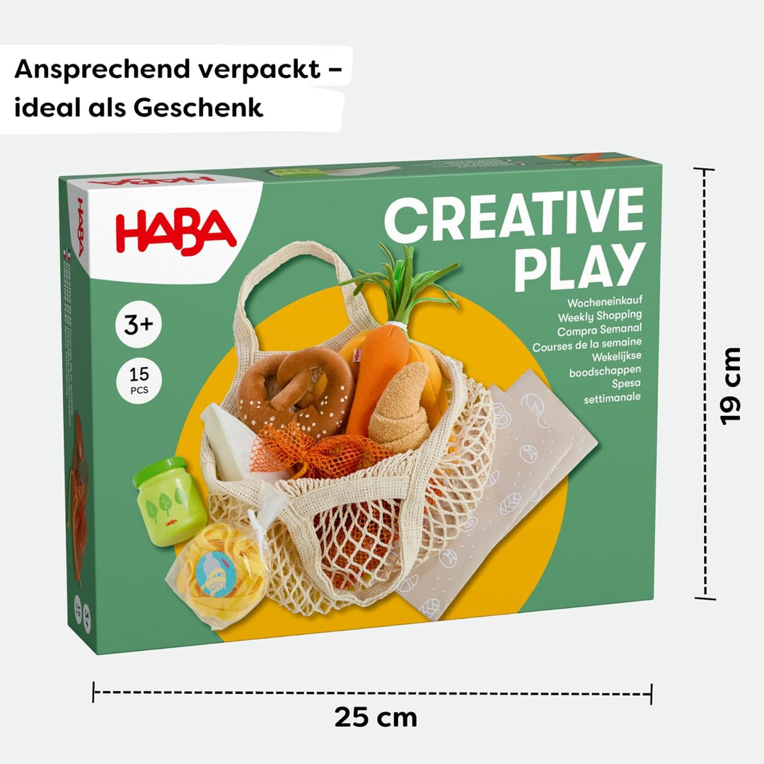 HABA Creative Play – Einkaufskorb – Spielzeug-Einkaufstasche mit Lebensmitteln aus Holz & Stoff – Zu