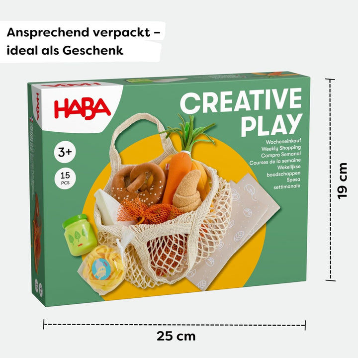 HABA Creative Play – Einkaufskorb – Spielzeug-Einkaufstasche mit Lebensmitteln aus Holz & Stoff – Zu