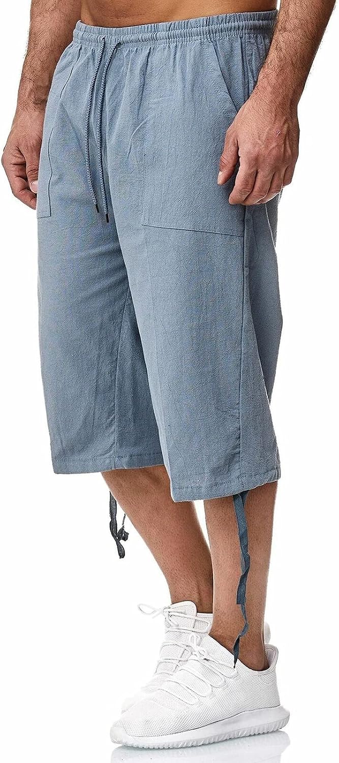 Remxi Herren-Shorts, 3/4-Leinen-Shorts, lockere Passform, Sommer, lässige Cargohose L Blau, L Blau