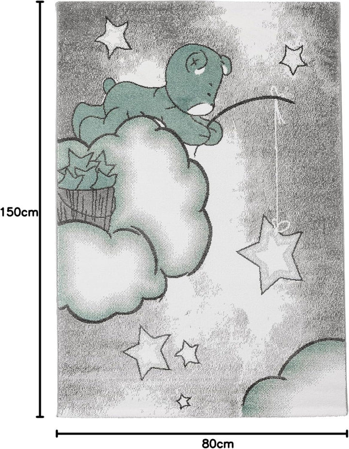 SIMPEX Teppich Kinderzimmer Bär-Himmel Wolken Sterne Design Kurzflor Kinderteppich mädchen Spieltepp
