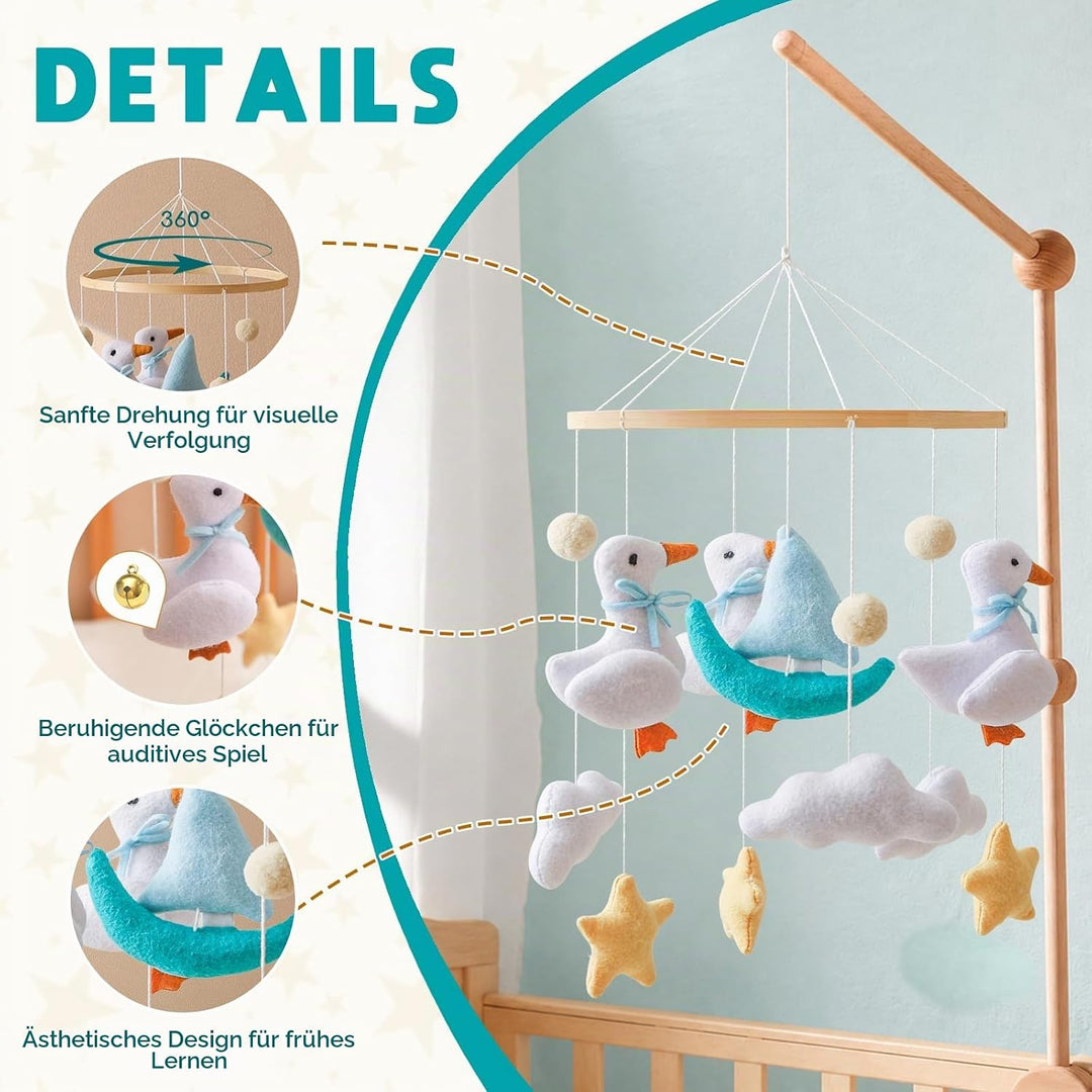 Mobile Babybett, Handgefertigt Bambus Filz Mobile mit weissen Enten, Wolken und gelben Sternen, Häng
