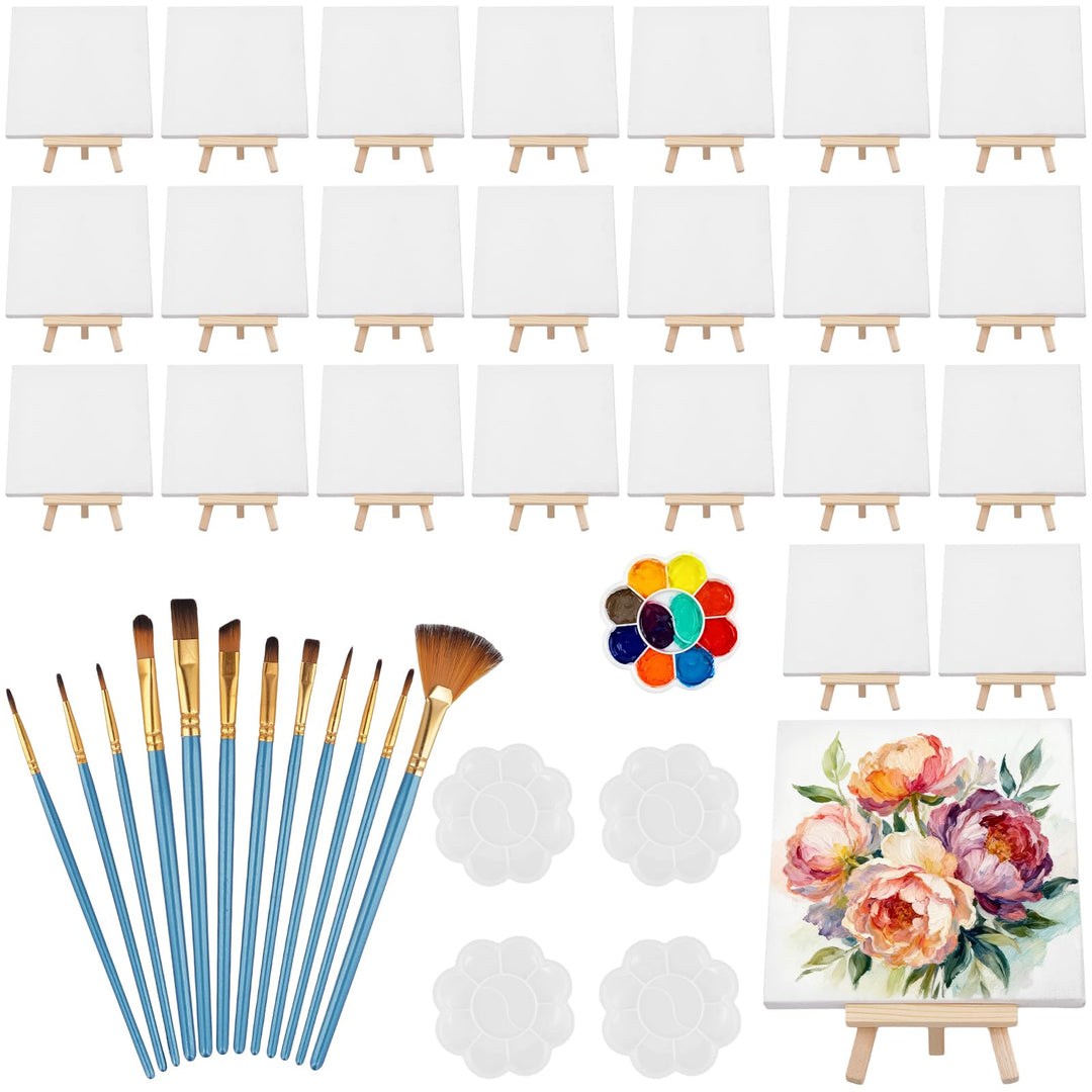 24 Stück Mini Leinwand Set, 15x15cm Kleine Leinwand mit Staffelei Holz 8x15cm, 12 Pinsel und 5 Misch