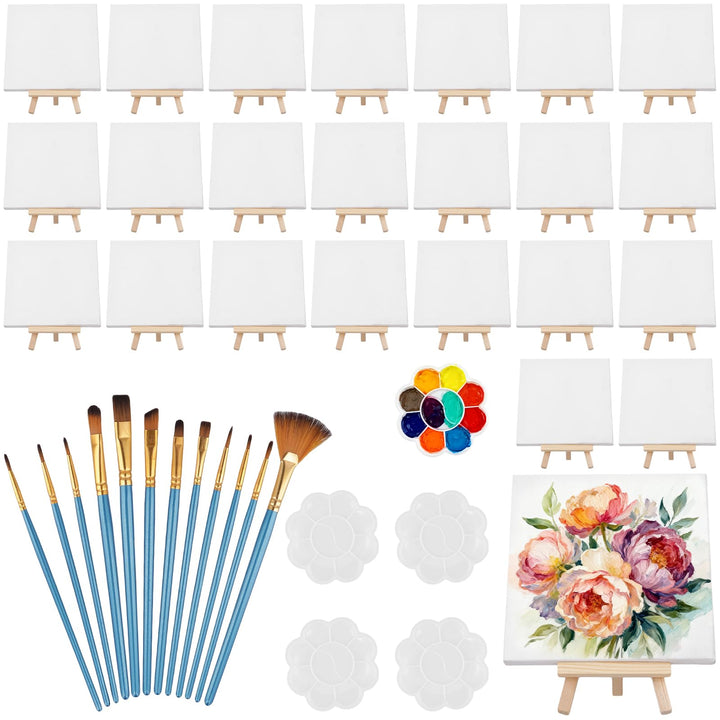 24 Stück Mini Leinwand Set, 15x15cm Kleine Leinwand mit Staffelei Holz 8x15cm, 12 Pinsel und 5 Misch