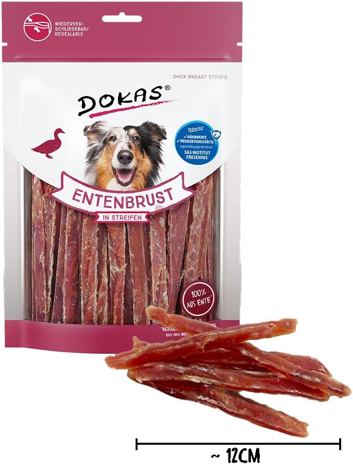 DOKAS Getreidefreier Premium Snack in Streifen für Hunde – Aus Entenbrustfilet, 250 g (8er Pack) Sin