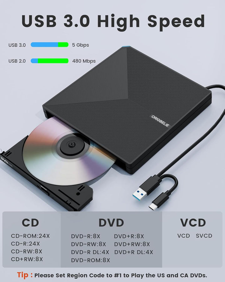 ORIGBELIE Externes DVD Laufwerk, USB 3.0 Typ C CD DVD +/-RW Externer DVD Brenner, Ultra-Slim Externe
