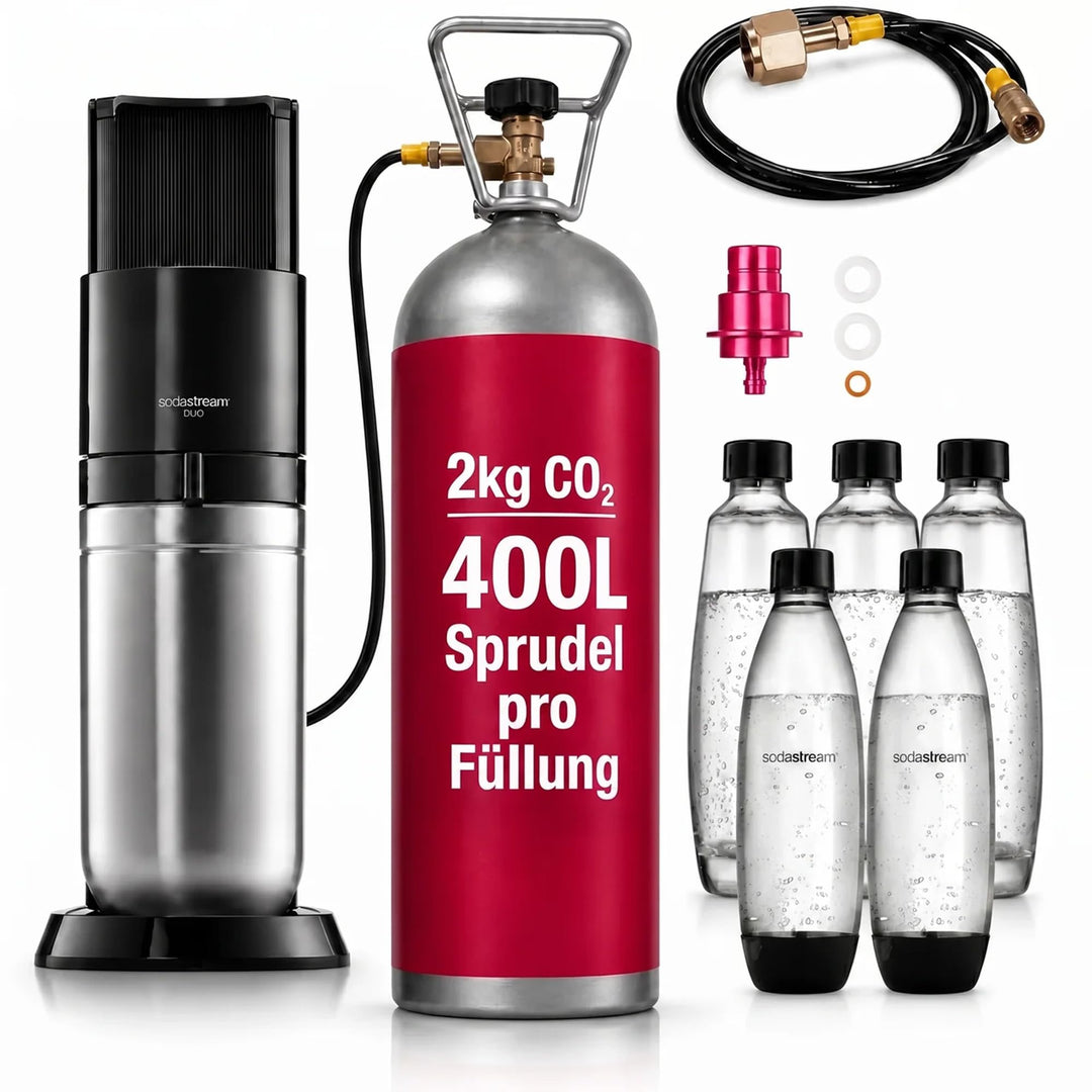 Wassersprudler Duo Spar-Set inkl. Premium-Gerät mit Glaskaraffe, 2 kg CO2-Mehrwegflasche und TÜV-gep