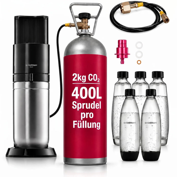 Wassersprudler Duo Spar-Set inkl. Premium-Gerät mit Glaskaraffe, 2 kg CO2-Mehrwegflasche und TÜV-gep