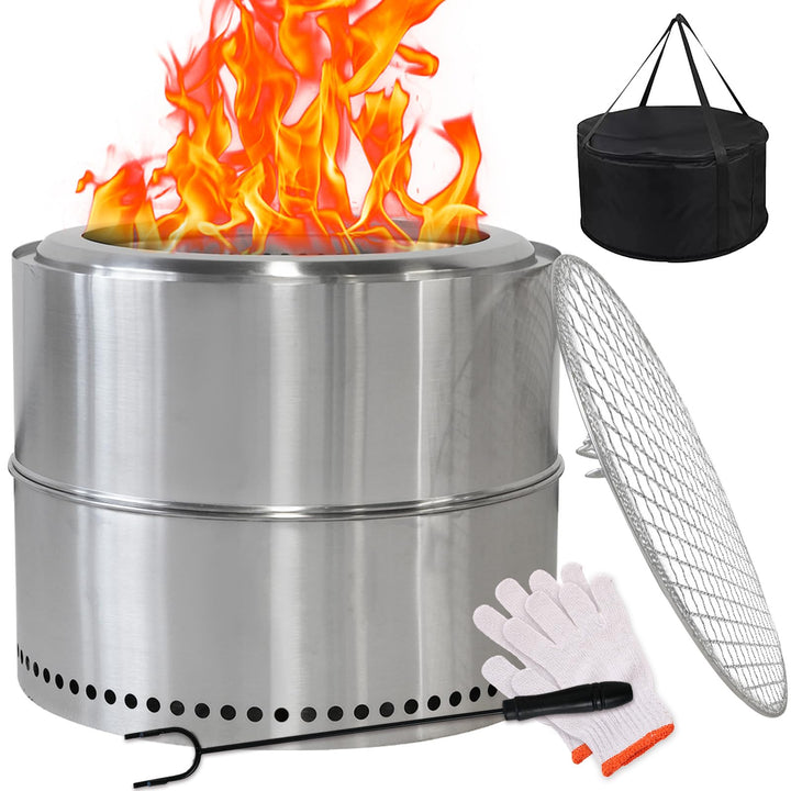 Feuerschale Edelstahl 50cm, Rauchfreie Feuerschale mit Grillrost, Aufbewahrungstasche, Abnehmbarer A