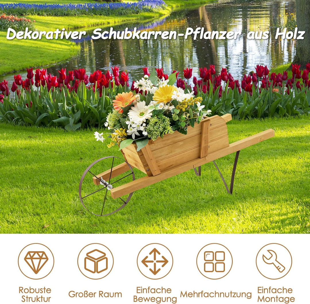 RELAX4LIFE Pflanzschubkarre, Blumenkarre aus Kiefernholz zum Bepflanzen, Gartendeko mit Griff, Rad &