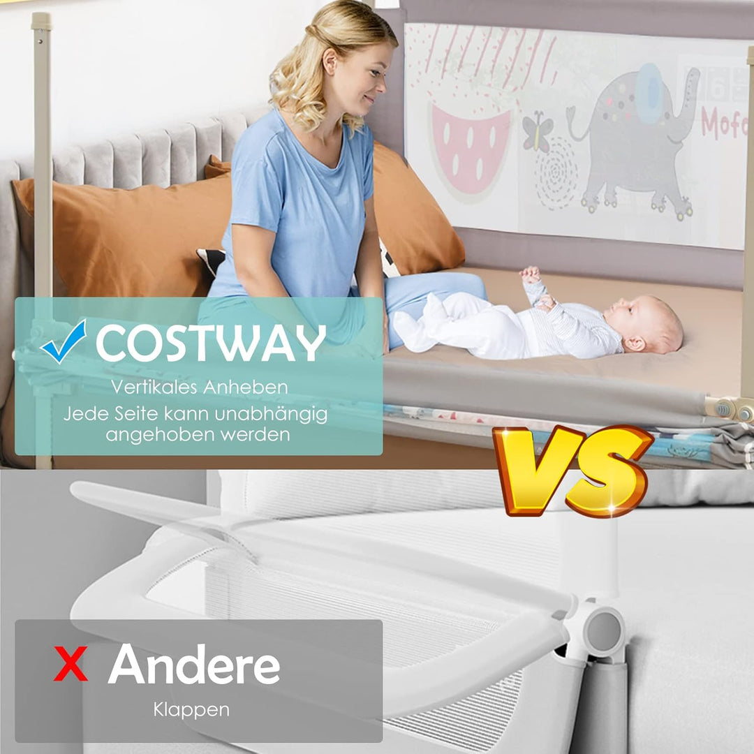 COSTWAY 145cm/175cm Bettgitter, 24 Stufen höhenverstellbares Babygitter mit doppeltem Verschluss & R