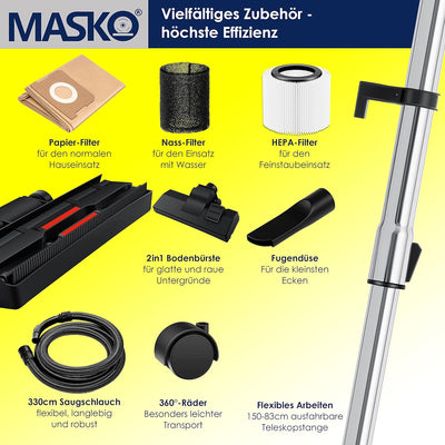 MASKO® Industriestaubsauger Staubsauger Nass Trocken Sauger Edelstahl 2300W + Steckdose | Blasfunkti