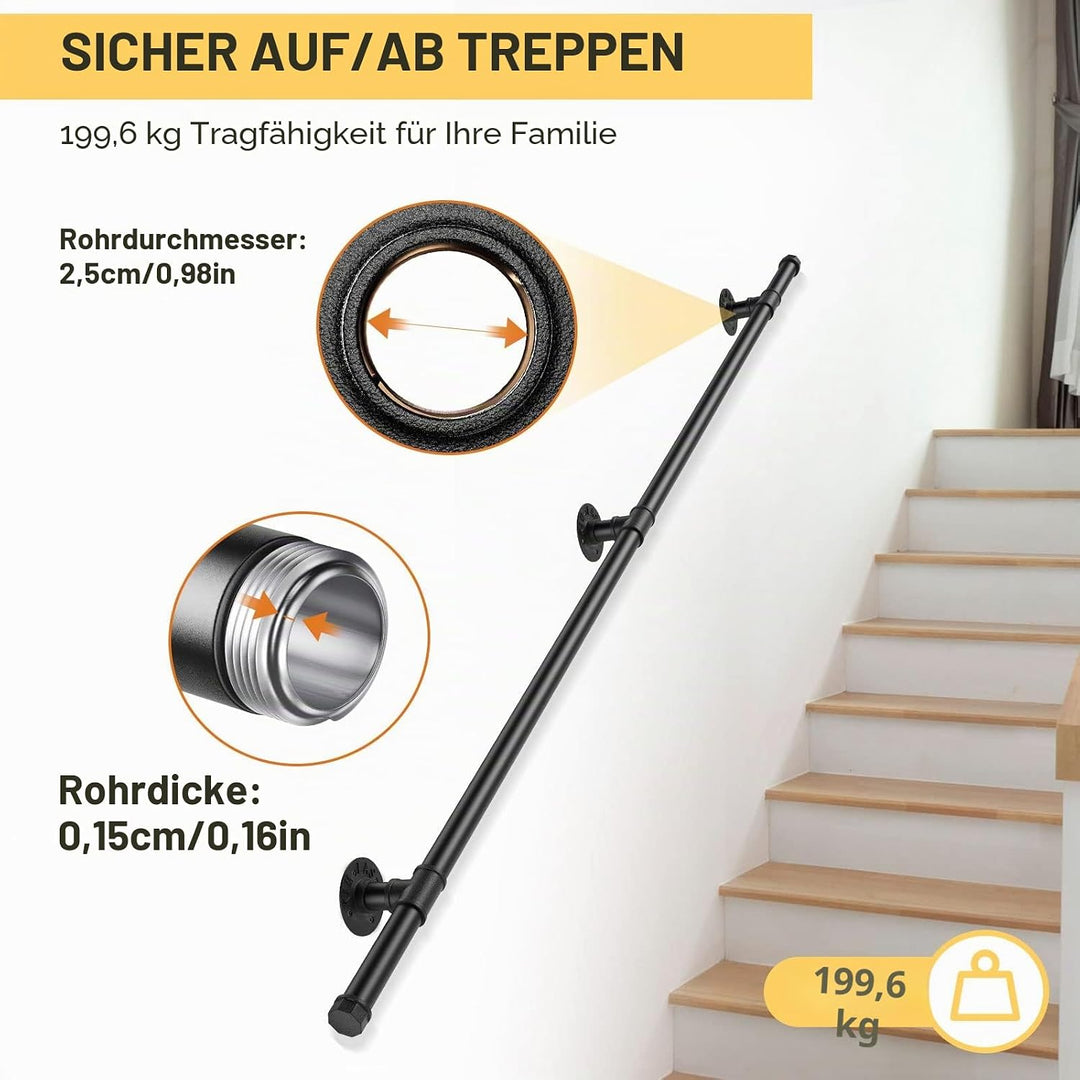 Handlauf für Treppen, Aomdom Handlauf Treppengeländer Innen und Aussen, Handlauf Schwarz mit Rutschf