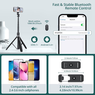 ATUMTEK Selfie-Stick 150CM 3 in 1 Selfie Stick Bluetooth Teleskop Selfie Stick Stativ mit Abnehmbare