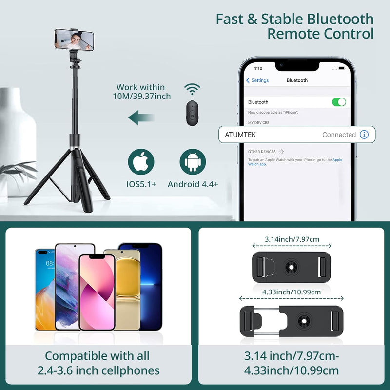 ATUMTEK Selfie-Stick 150CM 3 in 1 Selfie Stick Bluetooth Teleskop Selfie Stick Stativ mit Abnehmbare