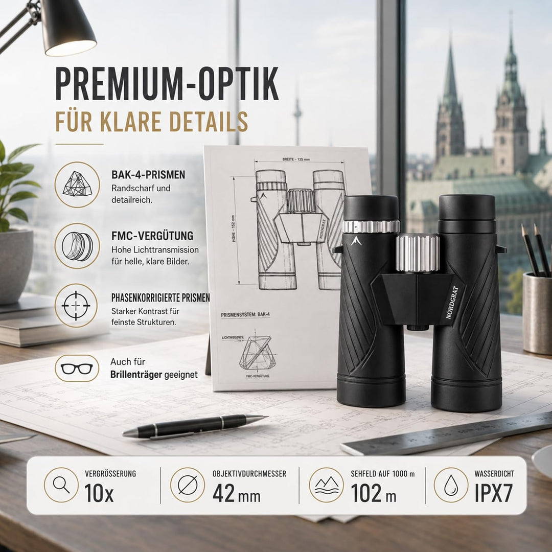Fernglas 10x42 für Erwachsene – IPX7 wasserdicht, BAK-4-HD-Prisma, FMC-Linsen, phasenkorrigiert, für