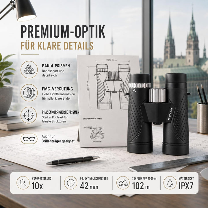 Fernglas 10x42 für Erwachsene – IPX7 wasserdicht, BAK-4-HD-Prisma, FMC-Linsen, phasenkorrigiert, für