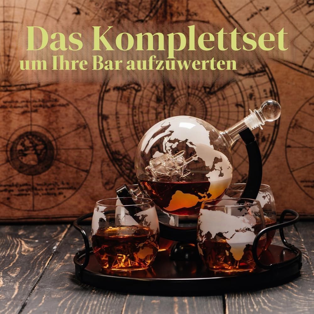 Kemstood Whisky Karaffe Globus Set (850 ml) - Edler Whiskey Decanter mit Gläser, Holzständer und ein