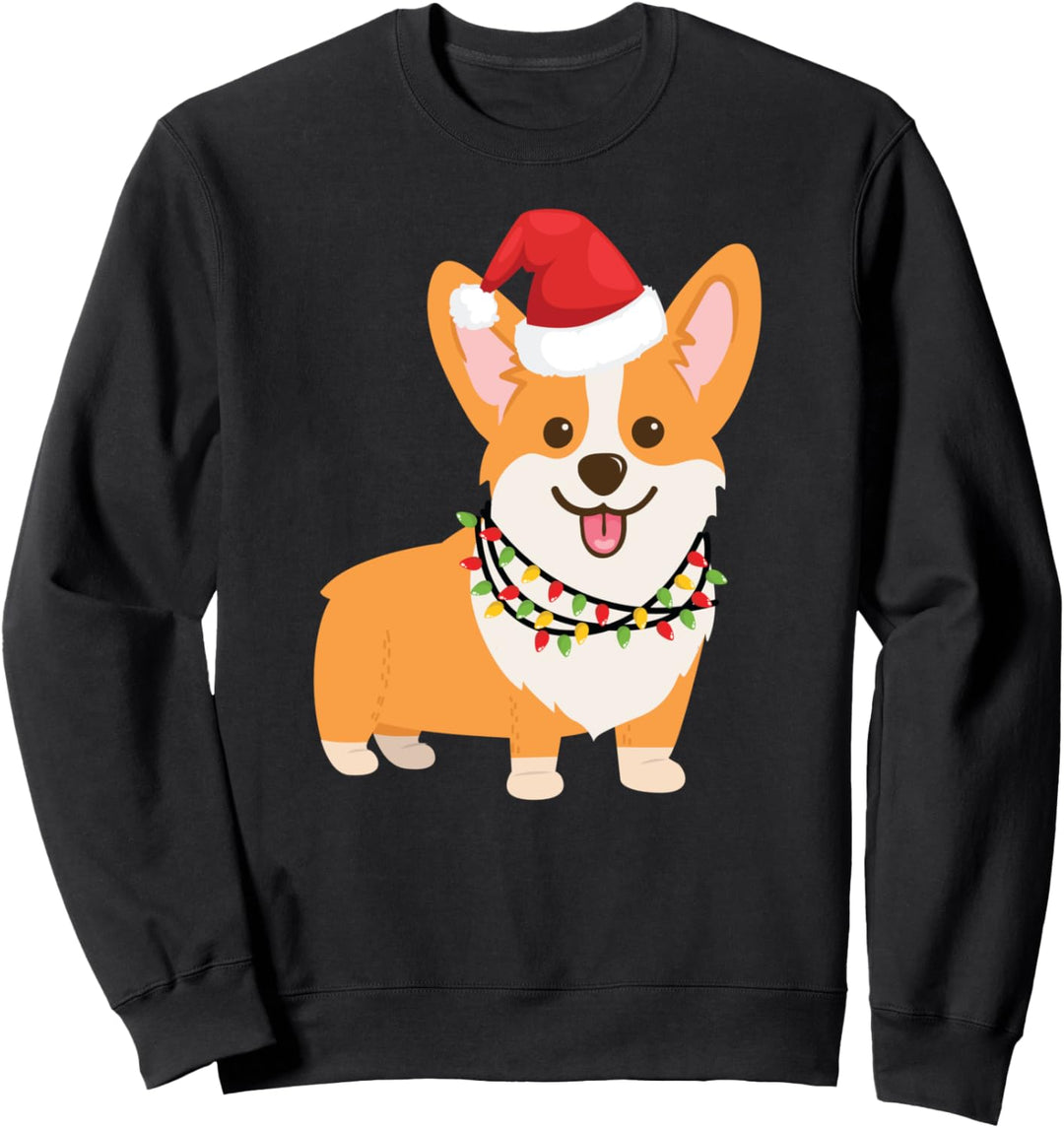 Christmas Corgi; Hund mit Weihnachtsmannmütze und Weihnachtsbeleuchtung Sweatshirt