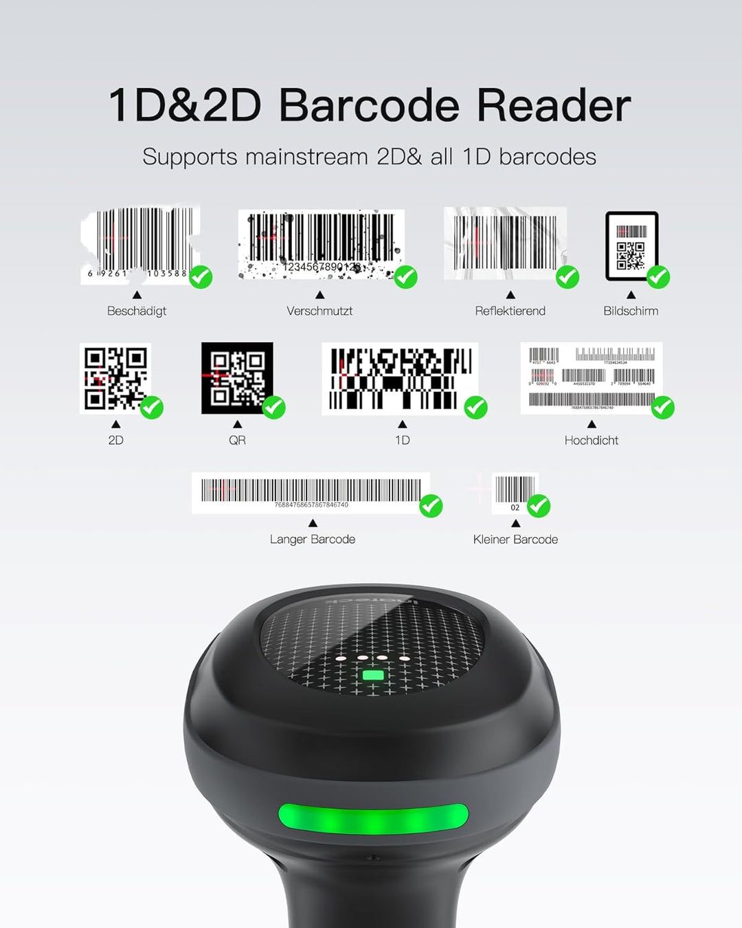 Inateck Barcode Scanner Kabellos 2D PDF417, QR Code Scanner mit 2 x 2000mAh Austauschbaren Akkus, mi