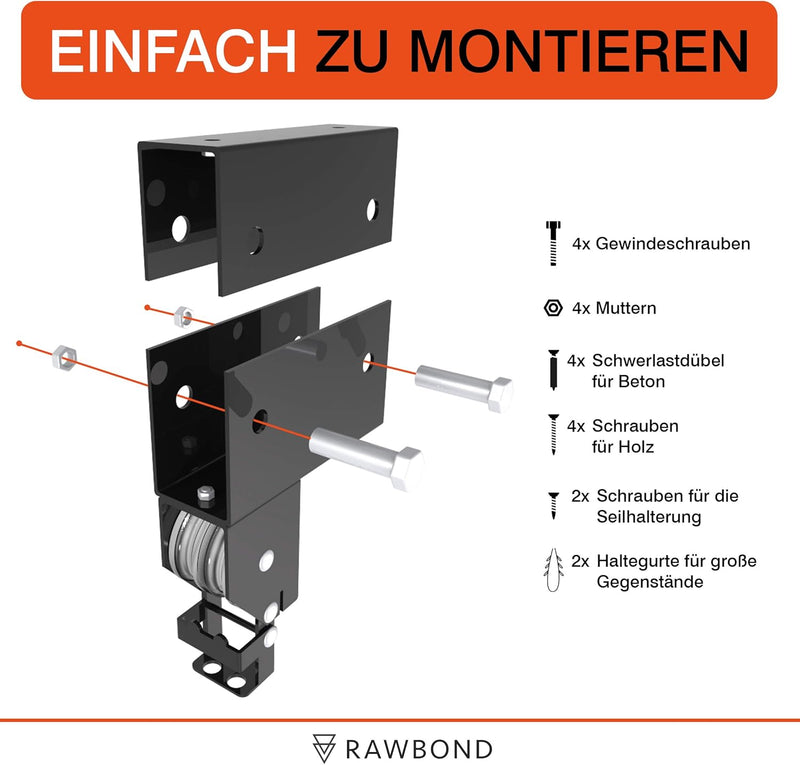 RAWBOND® Universal Deckenlift für bis zu 57 kg - Praktischer Fahrradlift mit Seilzug für deine Garag