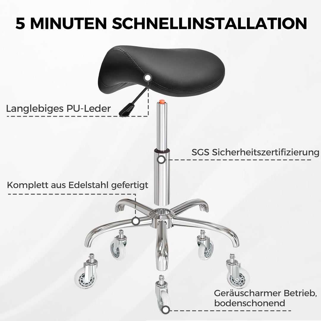 BEWISHOME Sattelhocker Höhenverstellbar, Sattelhocker mit Rollen, 360° Drehhocker Rollhocker, Ergono