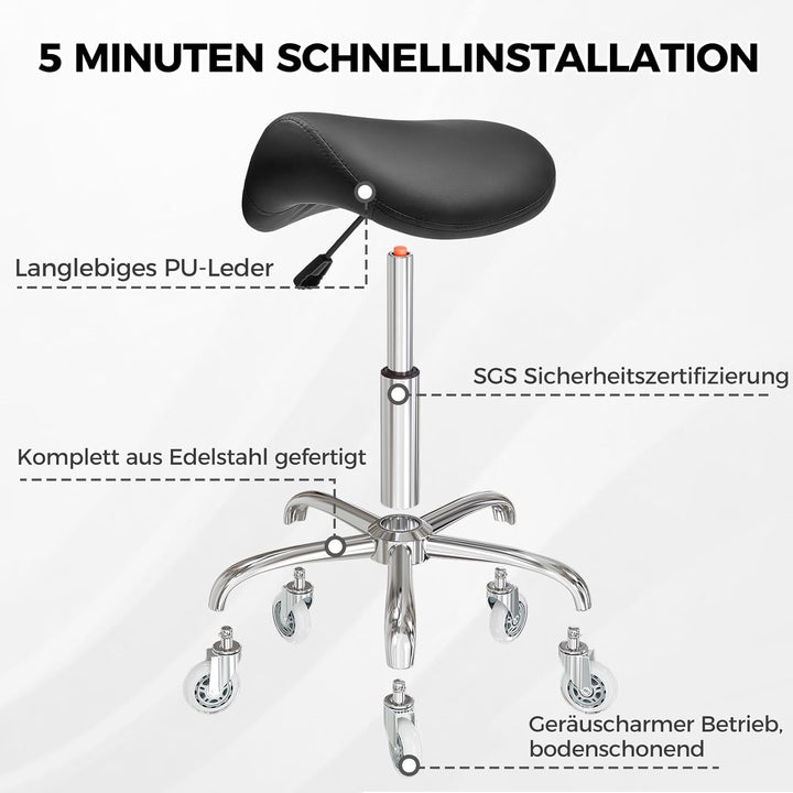 BEWISHOME Sattelhocker Höhenverstellbar, Sattelhocker mit Rollen, 360° Drehhocker Rollhocker, Ergono