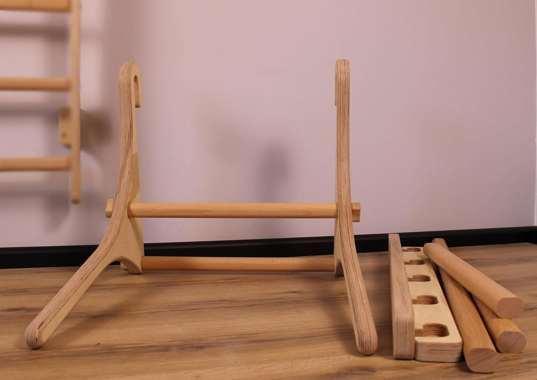 Komplettes Set aus robusten Trainingsgeräten aus Holz: stabile Dip-Stange und Klimmzugstange – 5-stu