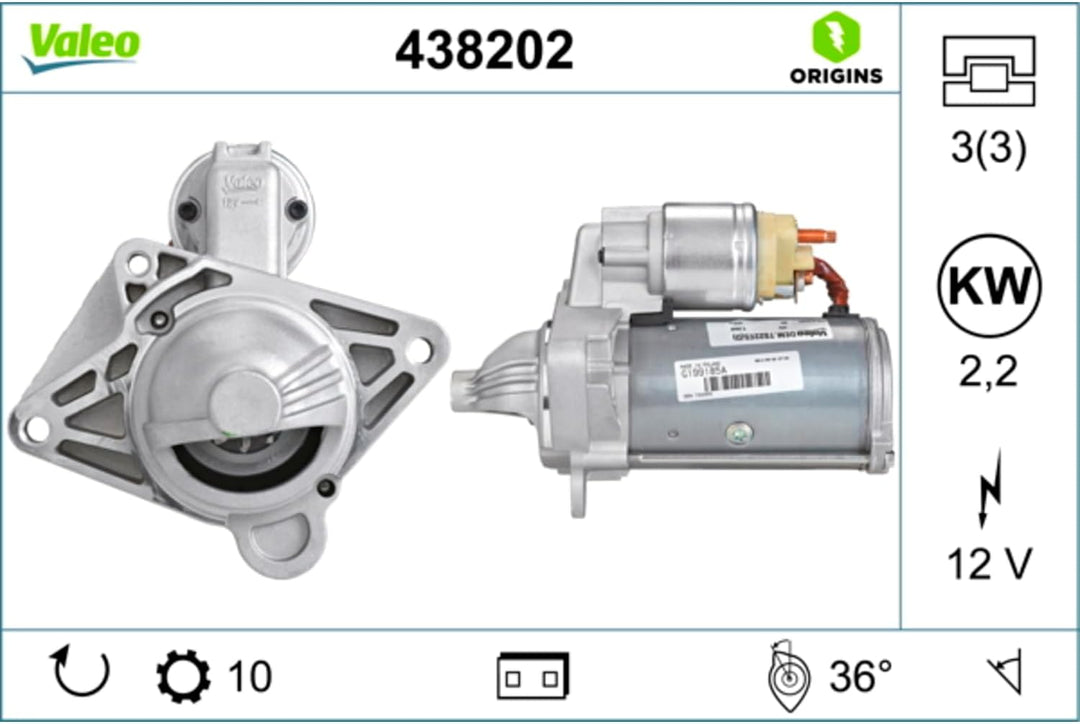 VALEO 438202 Starter Nennleistung: 2,2 kW Stop & Start: NO Zähnezahl: 10 zähne Spannung: 12 V Drehri