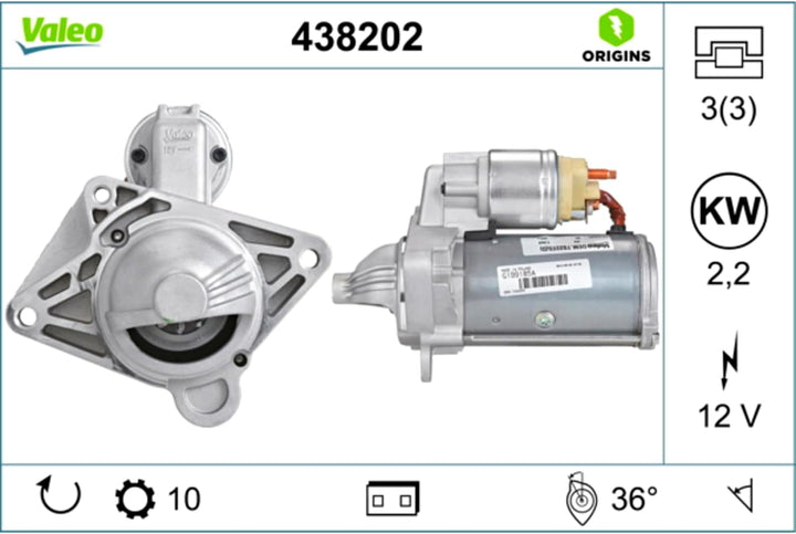 VALEO 438202 Starter Nennleistung: 2,2 kW Stop & Start: NO Zähnezahl: 10 zähne Spannung: 12 V Drehri