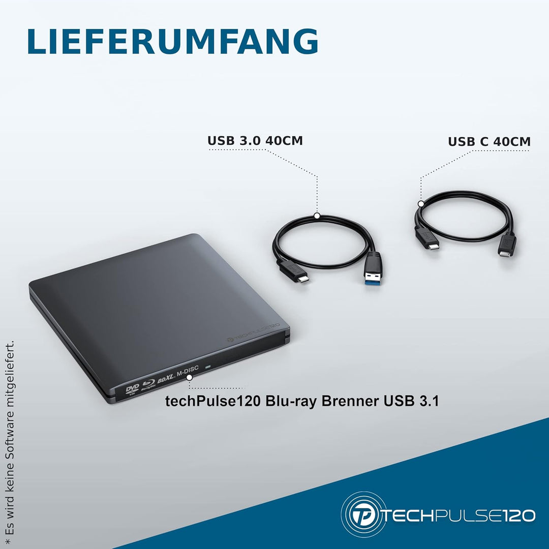 techPulse120 USB 3.1 Typ-C externer M-Disc BDXL Blu-ray Brenner Player Superdrive Laufwerk BD DVD CD