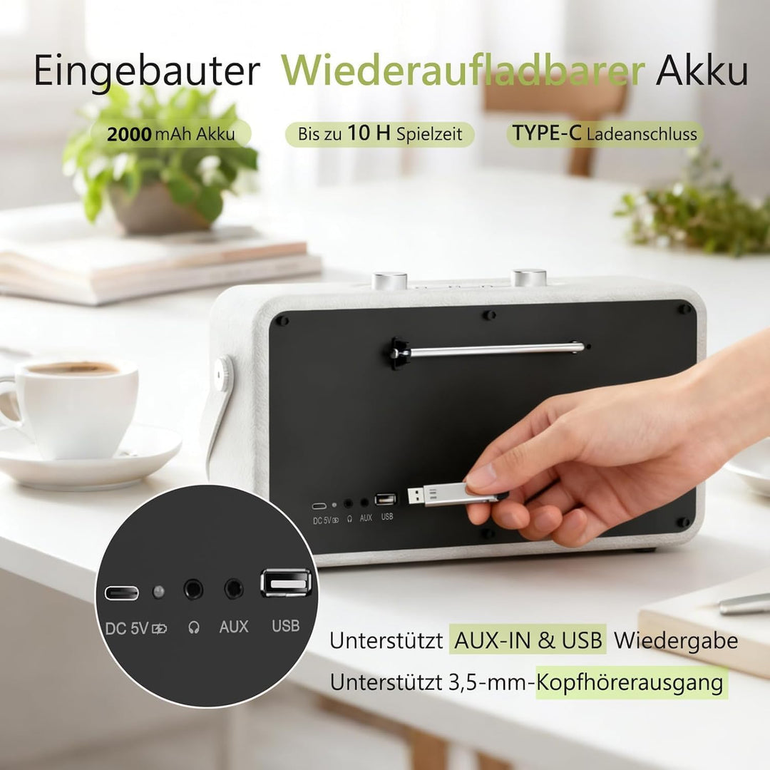 CD Player Tragbar mit Bluetooth, UKW Radio, 2000mAh wiederaufladbare Akku, MP3-Wiedergabe/USB/AUX-Ei