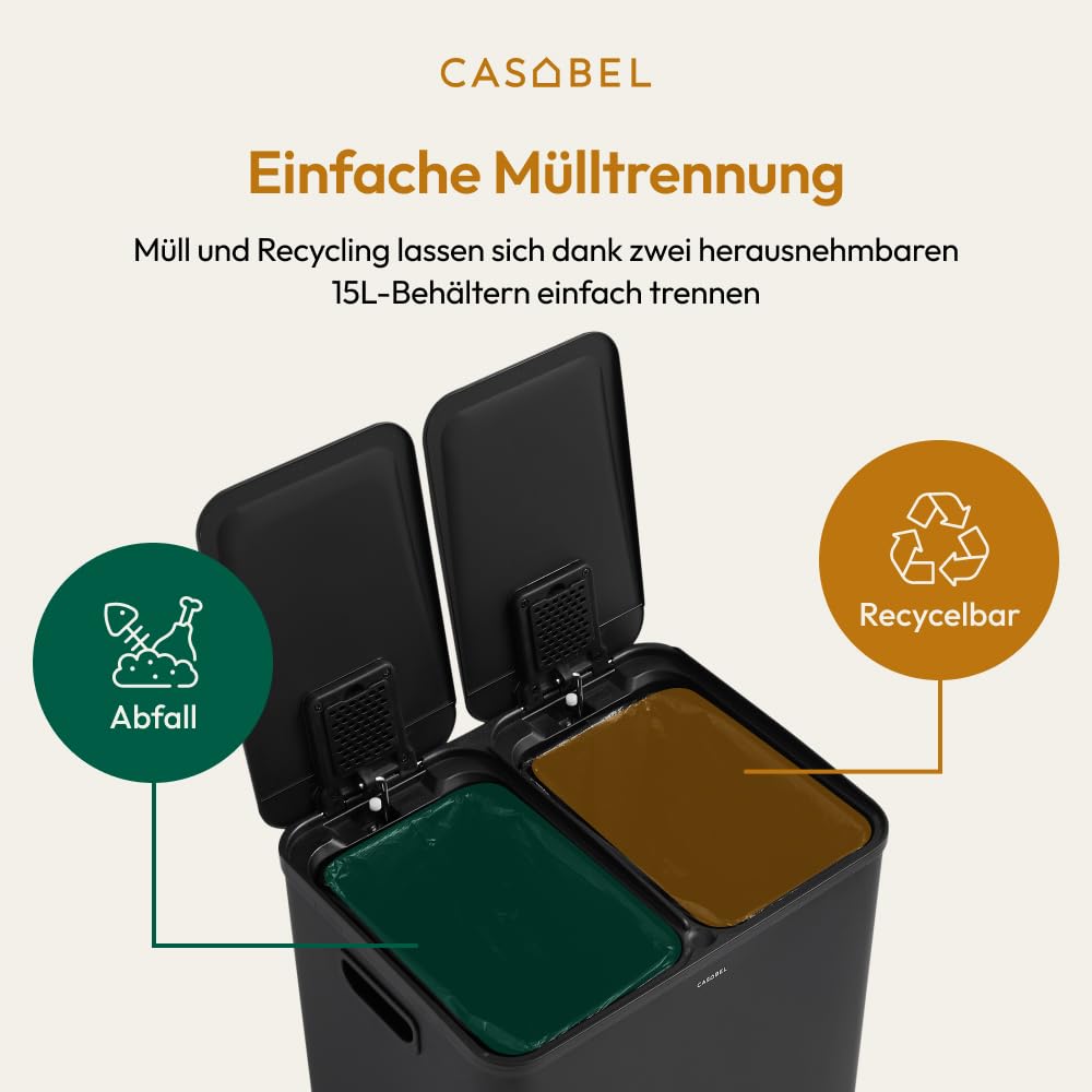 CASABEL Mülleimer Küche mit 2 Fächern, 2x15L, Tretmülleimer aus 100% Edelstahl, fingerabdruckresiste