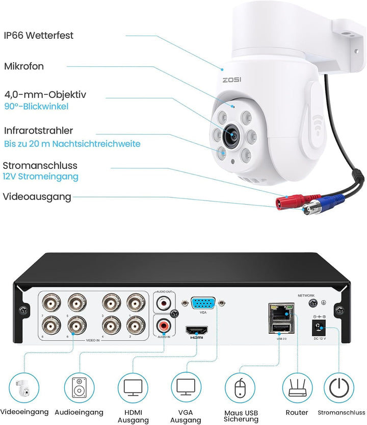 ZOSI 5MP Kabelgebunden Überwachungskamera Set mit Audio, 8CH 1TB DVR und 8X PTZ Domekameras Aussen,
