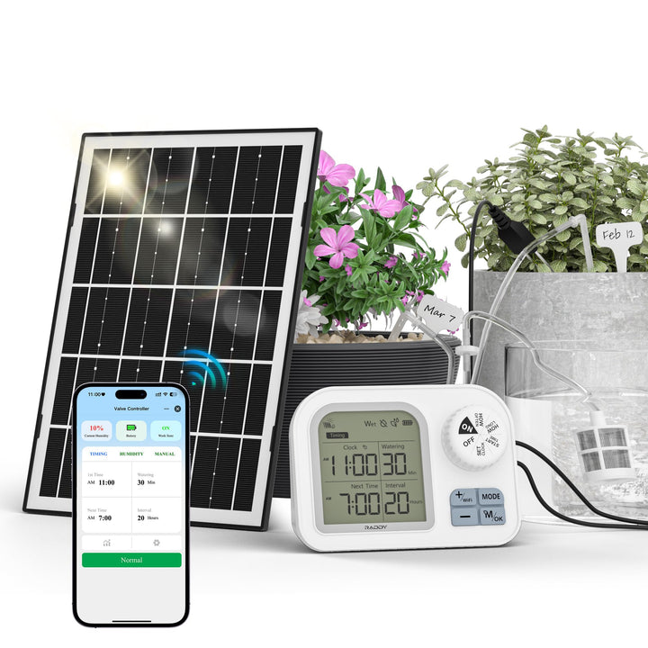 Raddy WS-74 Solar Bewässerungssystem mit Smart App-Steuerung, IPX7 Wasserdicht, Einstellbarer Bodenf
